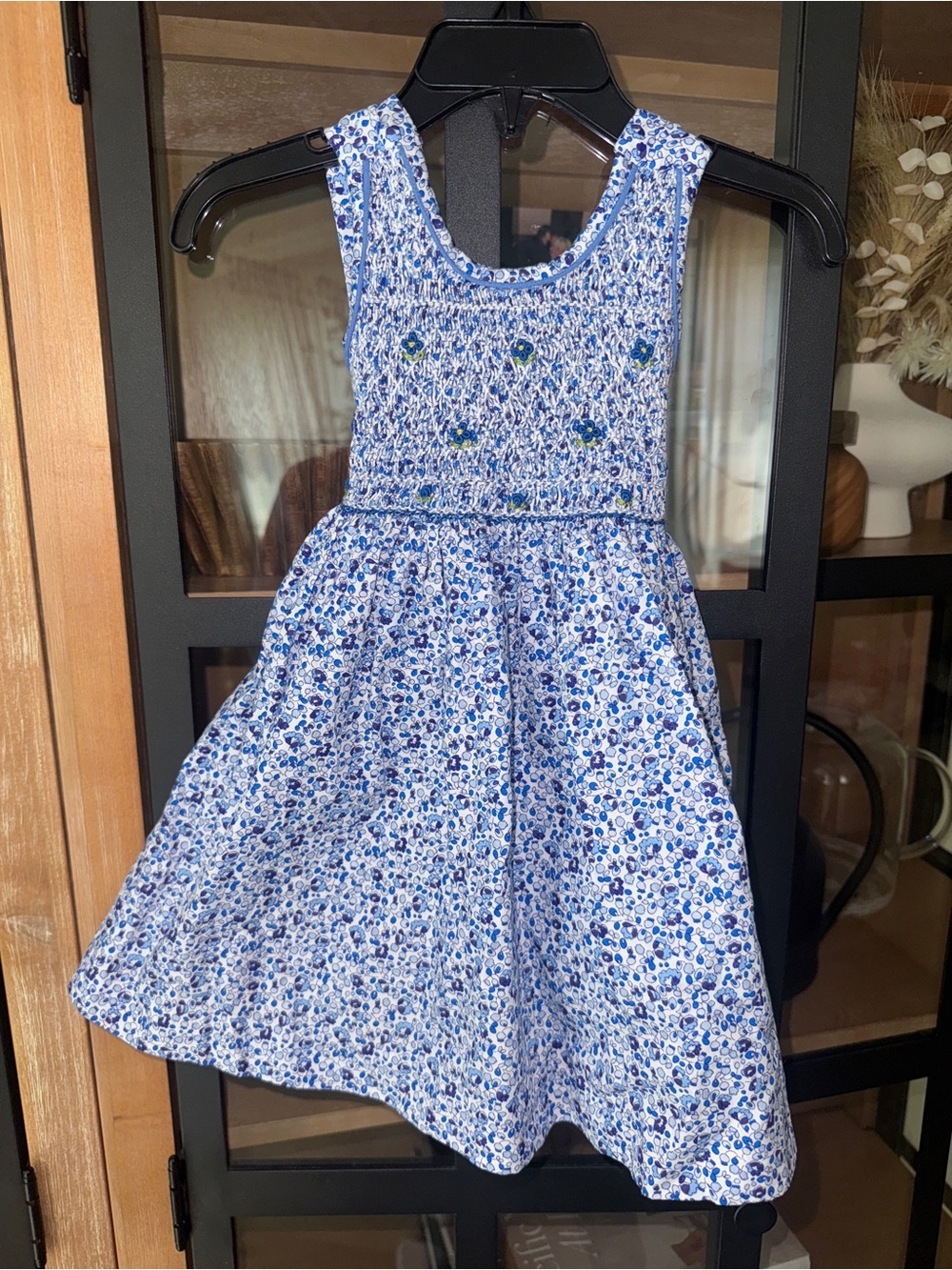 Smocked floral dress embroidered flowers rosette baby girl royal blue sleeveless